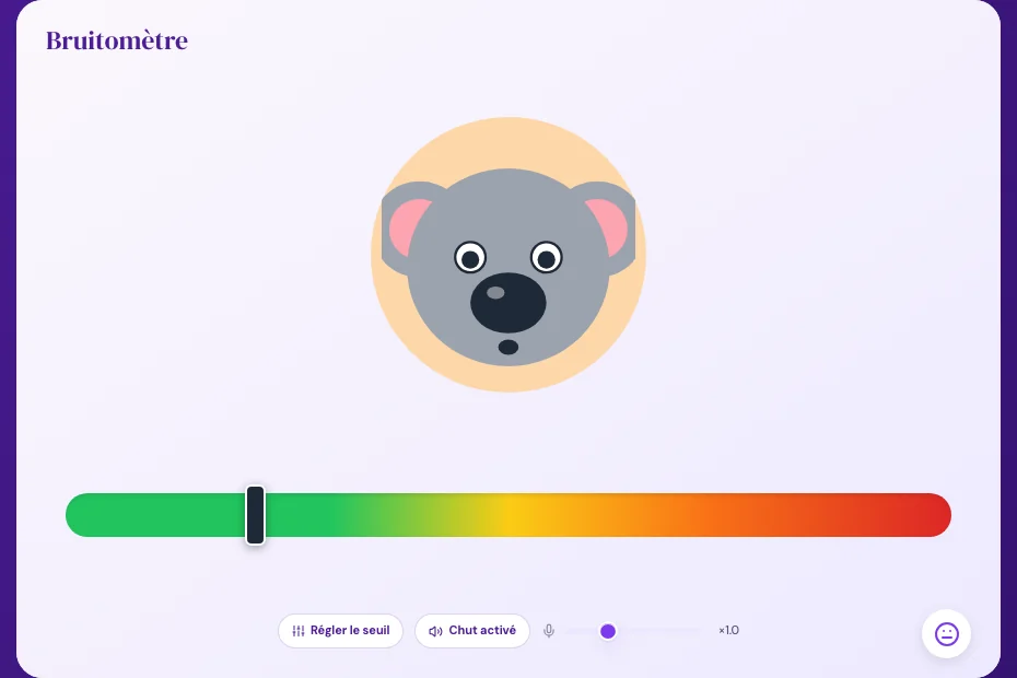Bruitomètre : un koala bien réveillé et une jauge du vert au rouge indiquant le niveau sonore de la classe