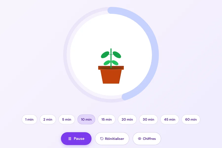 Timer zen en cours : une plante pousse dans son pot pendant que l'arc de temps se vide, durées de 1 à 60 minutes