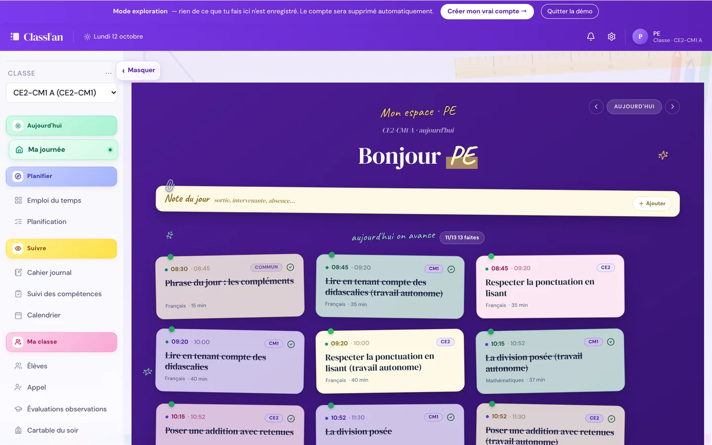 Page Ma journée : la note du jour et les séances du jour de la classe de CE2-CM1