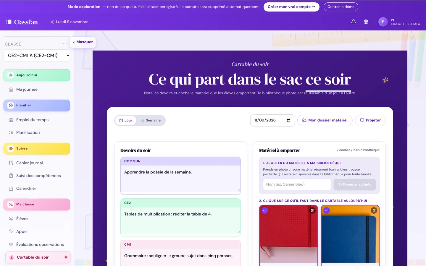 Cartable du soir du lundi 9 novembre : devoirs par niveau et deux cahiers, poésie et mathématiques, à emporter