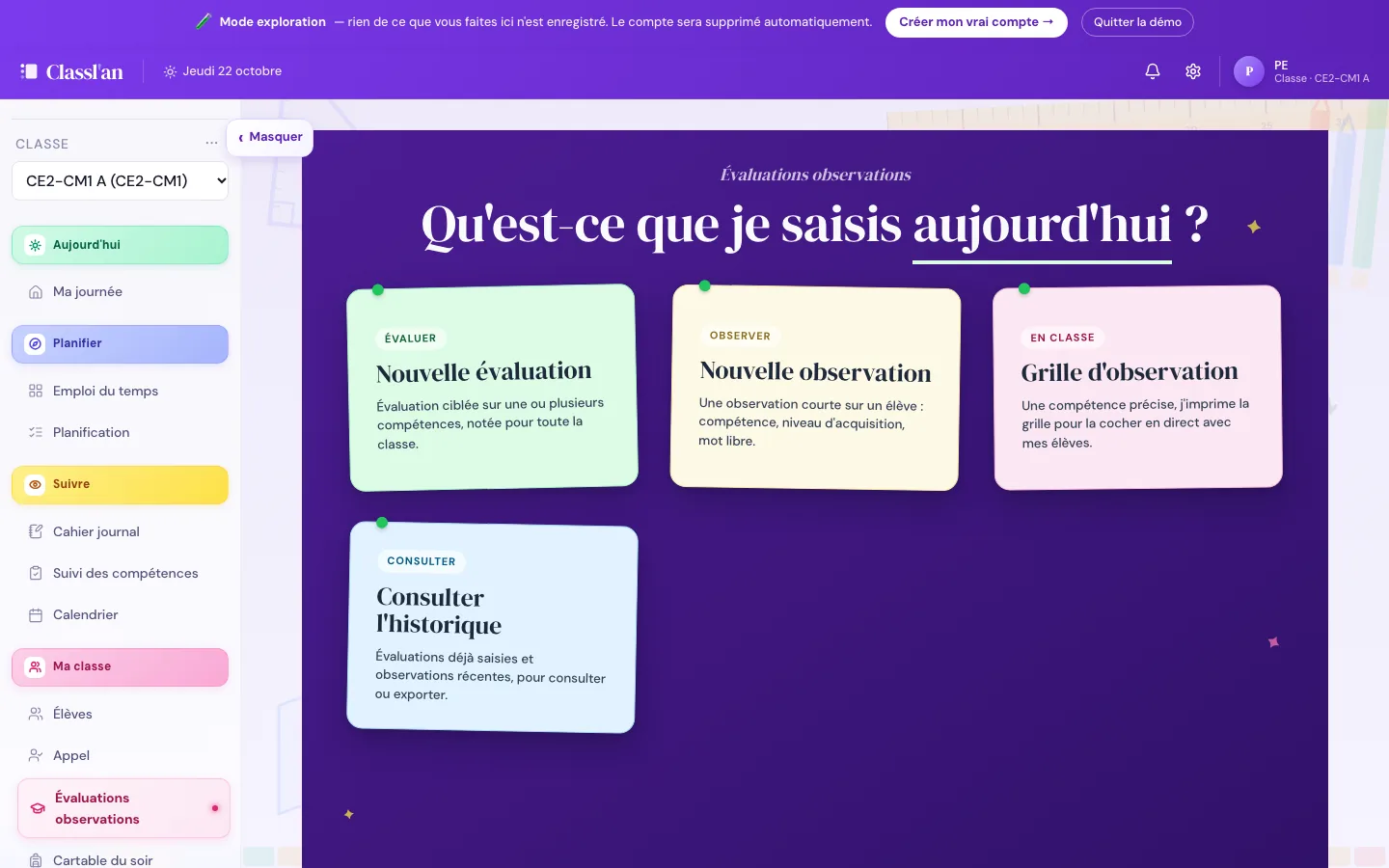 Évaluations et observations : nouvelle évaluation, nouvelle observation, grille d'observation, historique