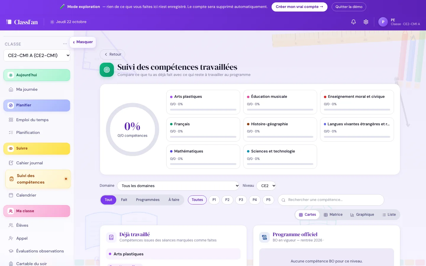 Suivi des compétences : progression par domaine du programme officiel