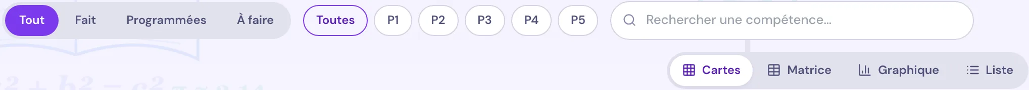Barre du suivi des compétences : filtres Tout, Fait, Programmées et À faire, périodes P1 à P5, recherche d'une compétence et vues Cartes, Matrice, Graphique et Liste