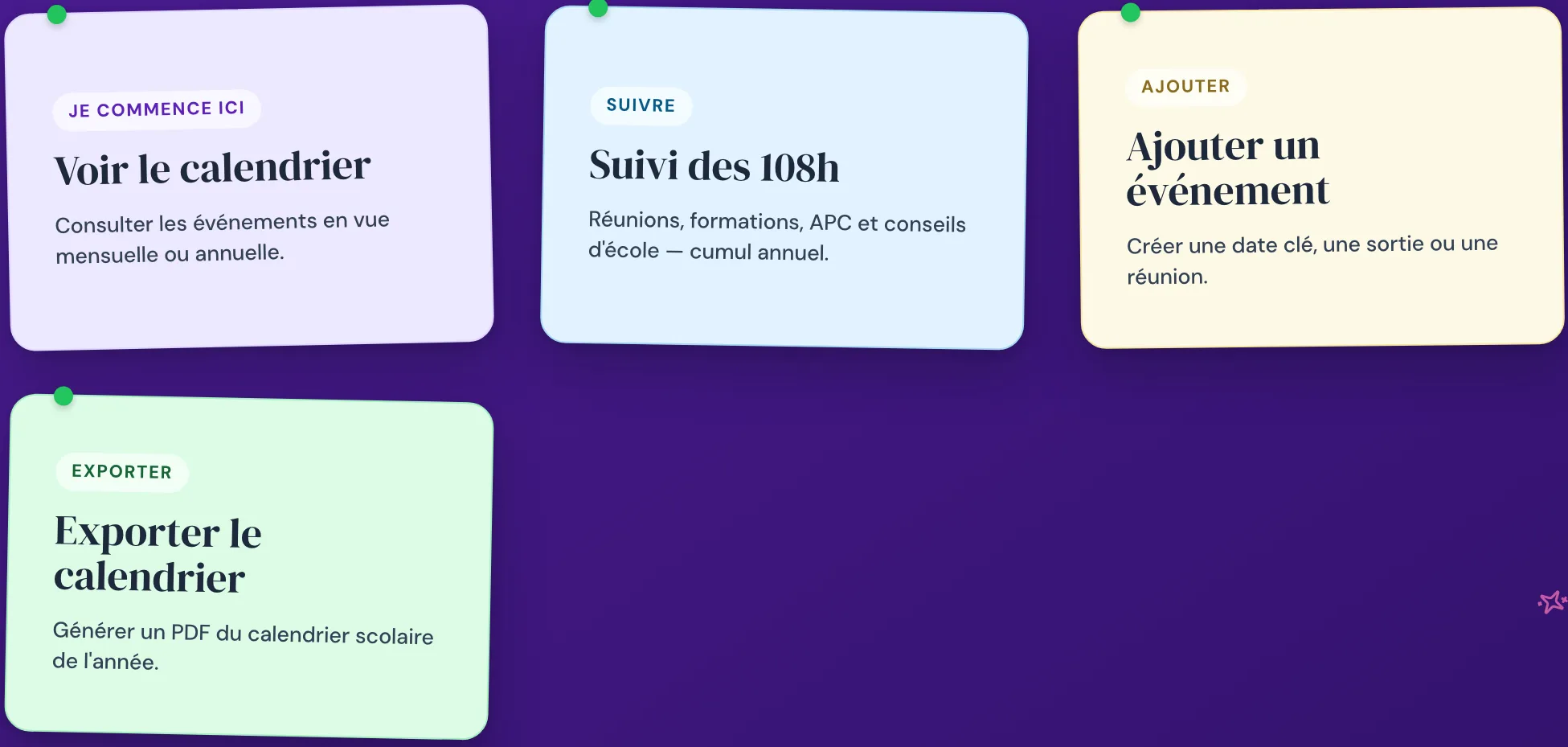 Entrée du calendrier : quatre post-it, Voir le calendrier, Suivi des 108 heures, Ajouter un événement et Exporter le calendrier