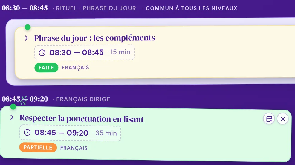 Détail du cahier journal : le rituel du matin commun à tous les niveaux, puis la séance de français du CE2 avec son horaire et son statut Partielle