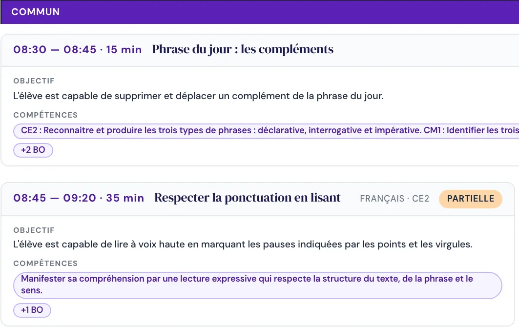 Aperçu du Tableau du cahier journal : document sobre sur fond blanc avec un bandeau Commun puis les séances, leur objectif et leurs compétences